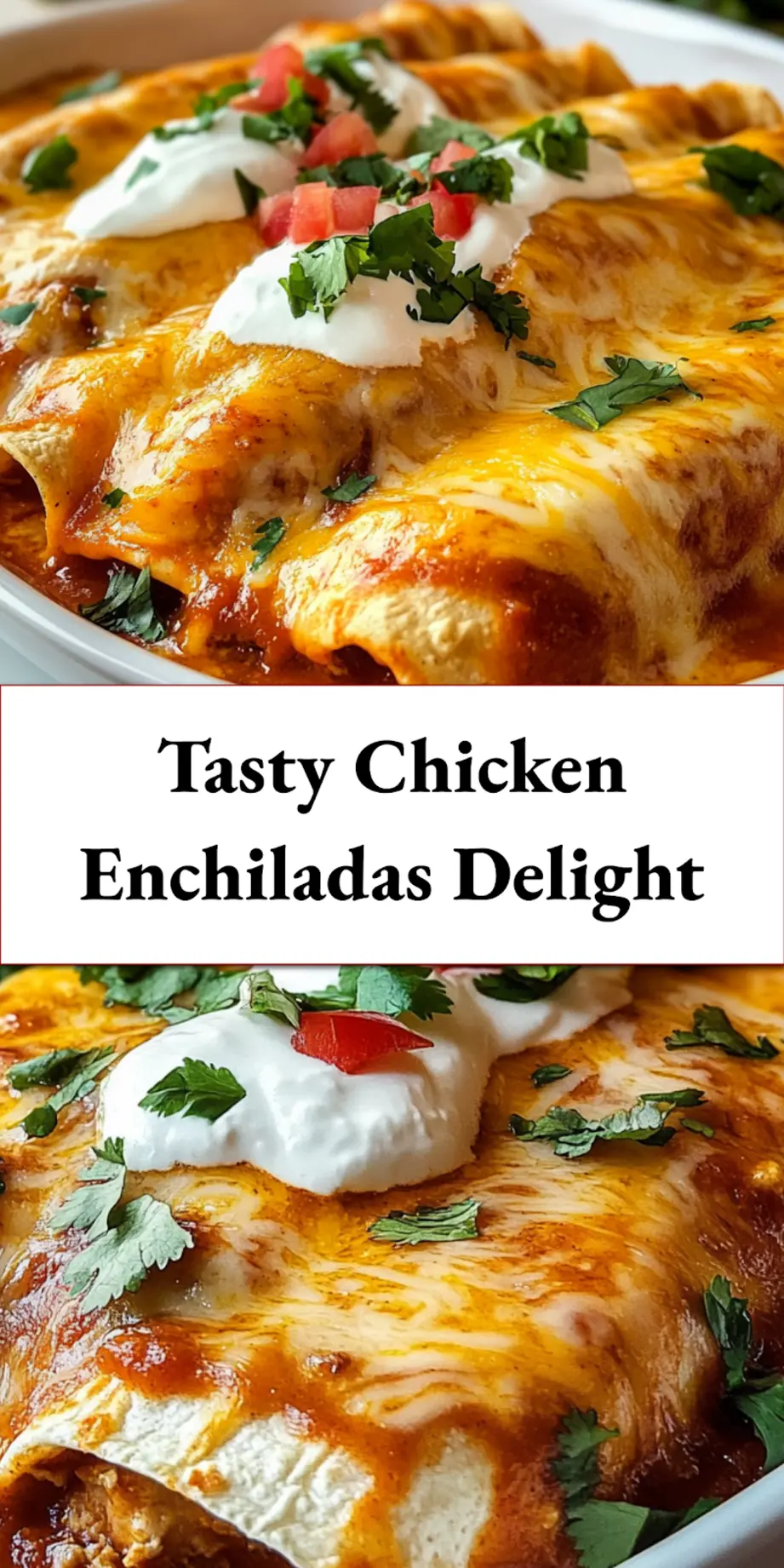 Close-up of a serving of baked chicken enchiladas, topped with melted cheese, sauce, and fresh cilantro, ready to be pinned.