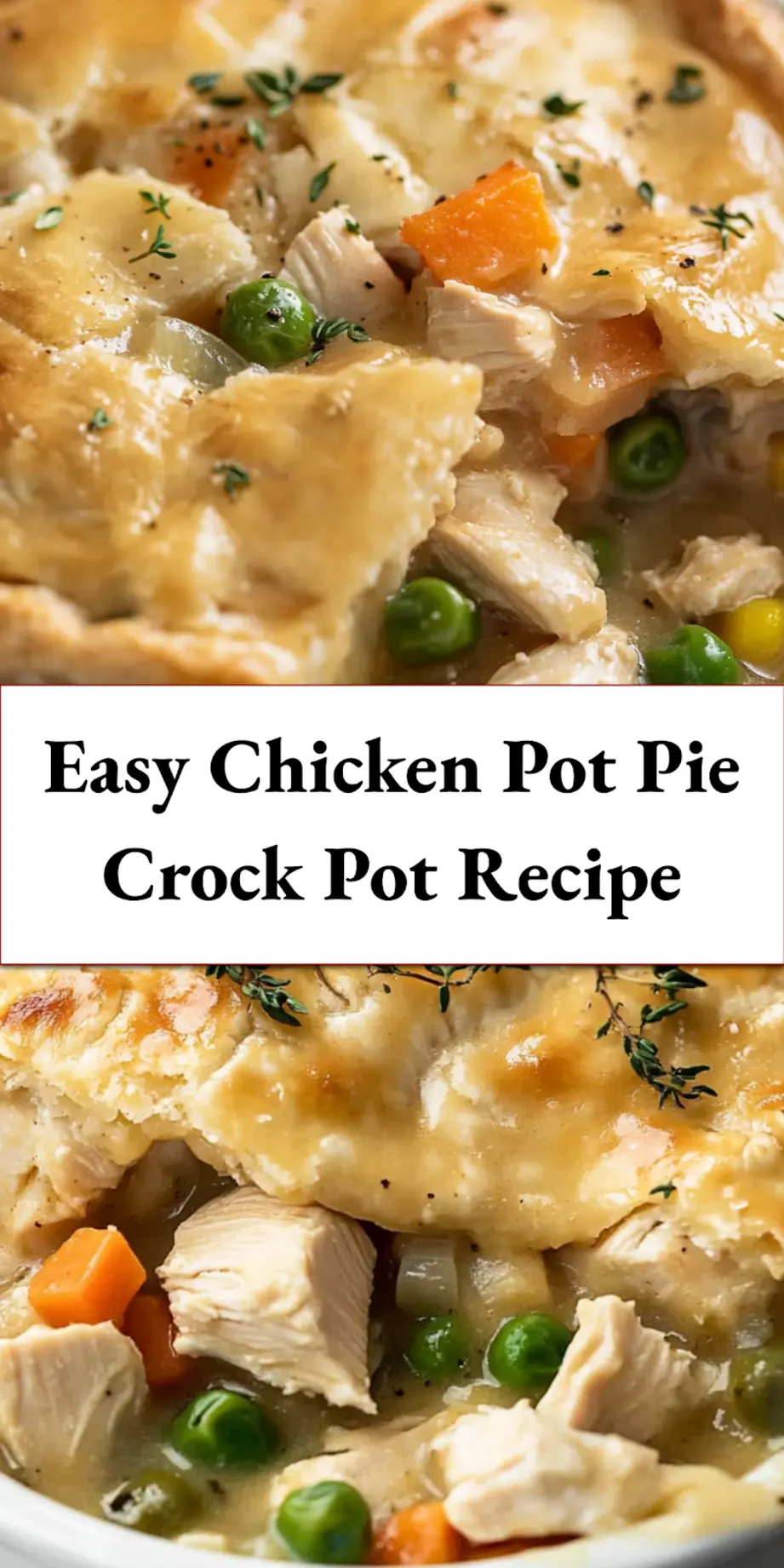 Overhead shot of creamy chicken pot pie with golden biscuits, ready to serve.