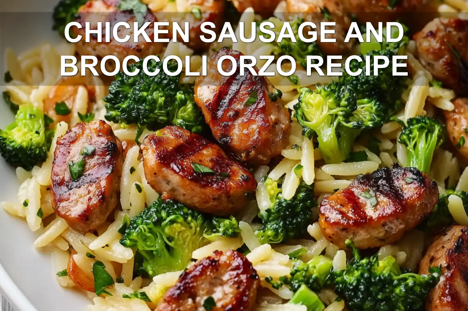CHICKEN SAUSAGE AND BROCCOLI ORZO RECIPE centered hero view, clean and uncluttered