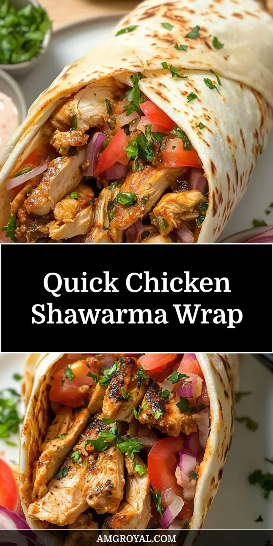 Overhead view of a perfectly rolled chicken shawarma wrap on a wooden board, ready for serving or sharing, suitable for Pinterest.