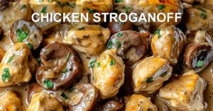 Chicken Stroganoff Recipe - Simple and Delicious Dinner CHICKEN STROGANOFF centered hero view, clean and uncluttered