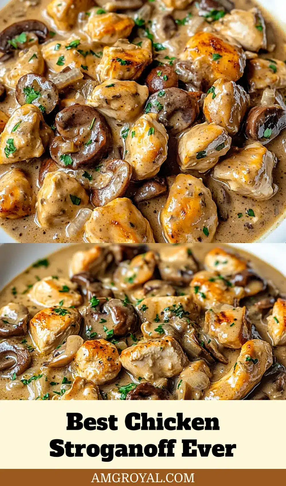 Chicken Stroganoff Recipe - Simple and Delicious Dinner 7 Overhead shot of a bowl of creamy Chicken Stroganoff with fresh parsley, ready to serve over egg noodles.