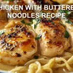 CHICKEN WITH BUTTERED NOODLES RECIPE centered hero view, clean and uncluttered