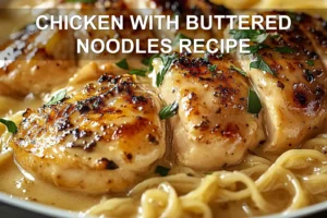 CHICKEN WITH BUTTERED NOODLES RECIPE centered hero view, clean and uncluttered