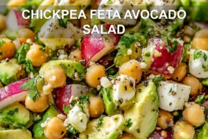 CHICKPEA FETA AVOCADO SALAD centered hero view, clean and uncluttered