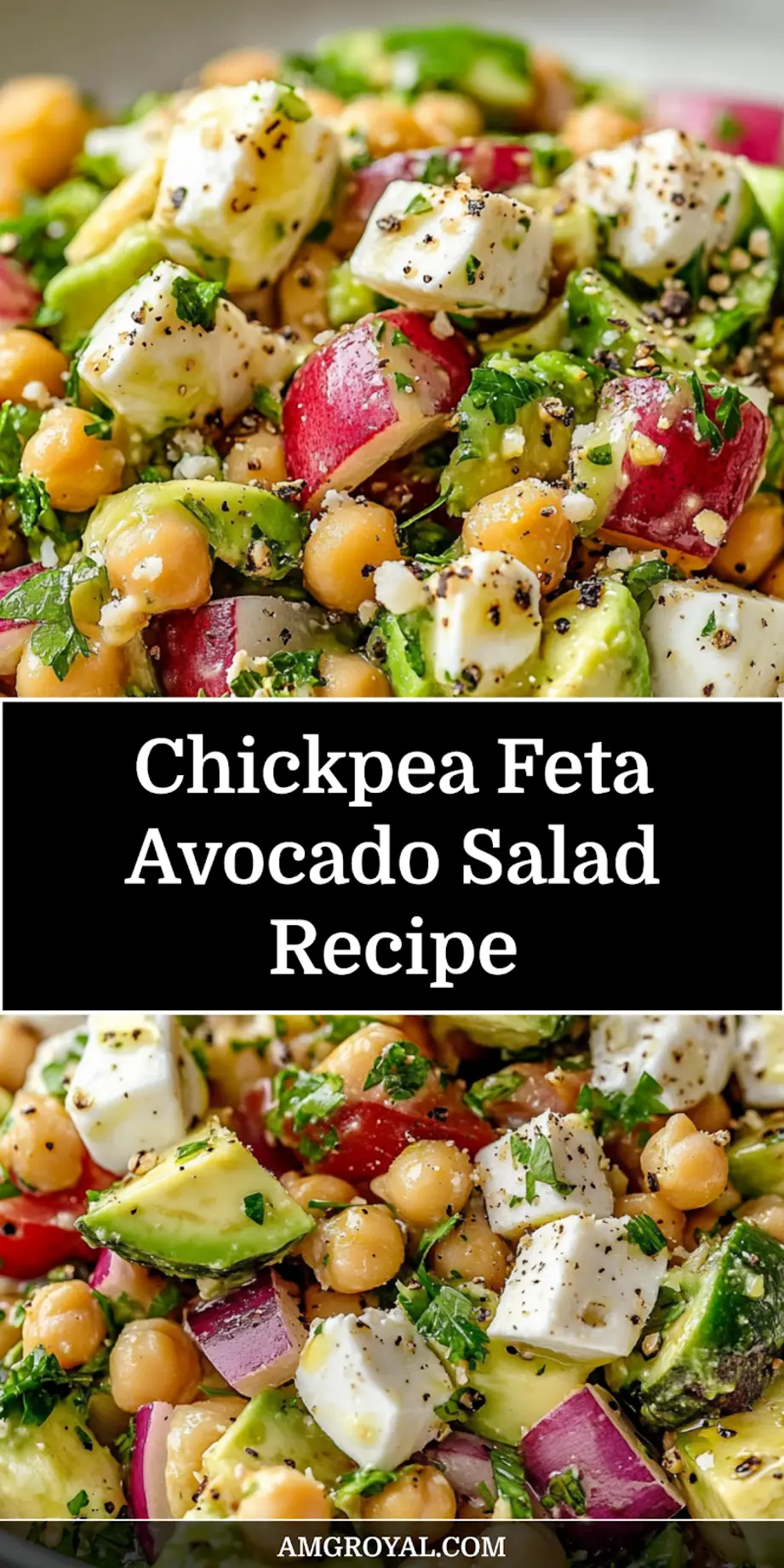 Overhead shot of a vibrant Mediterranean Chickpea Feta Avocado Salad, perfect for Pinterest, showing fresh ingredients and dressing.