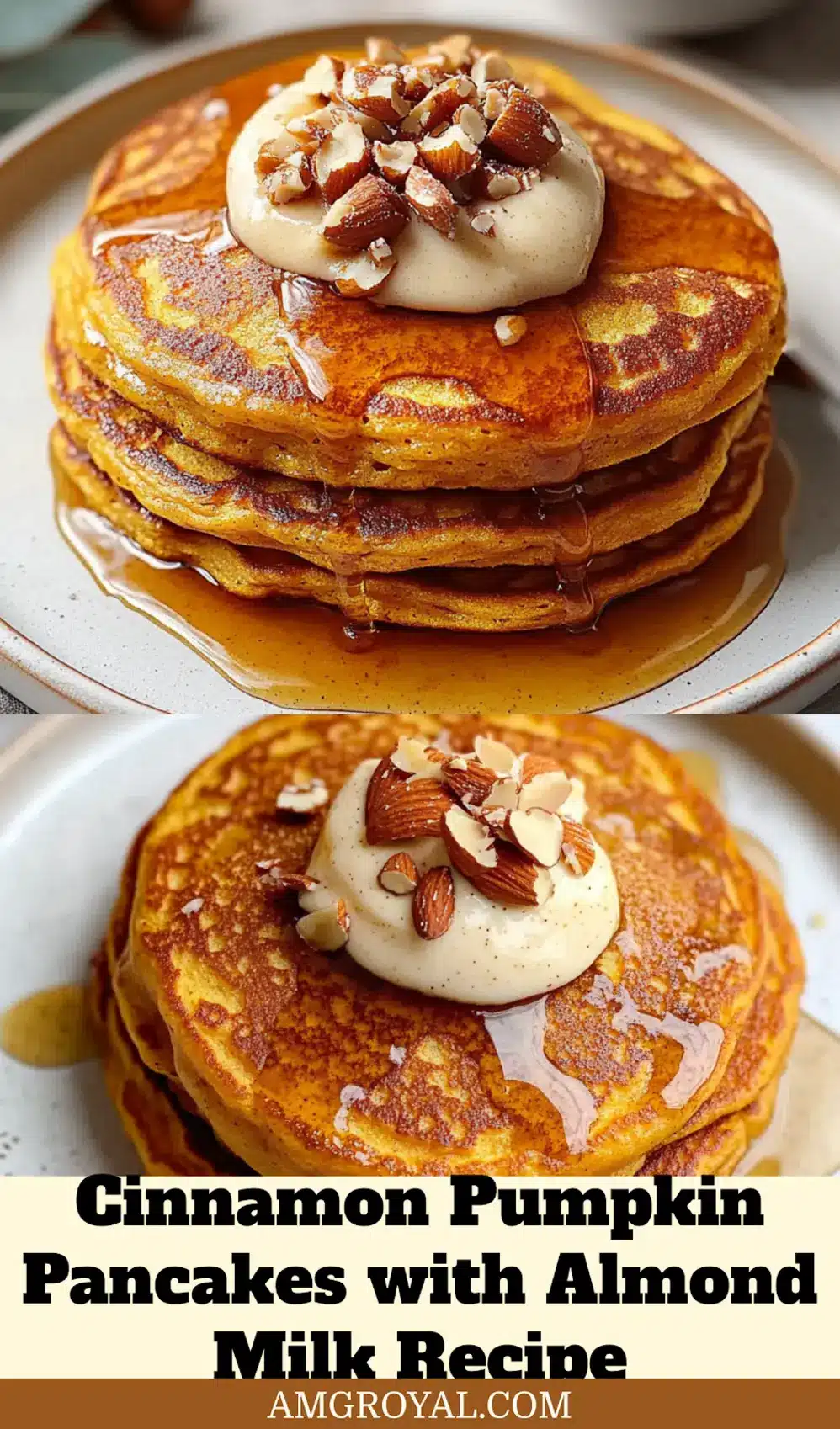 A tall stack of fluffy Cinnamon Pumpkin Pancakes with Almond Milk, drizzled with maple syrup and garnished with toasted pecans, ready to serve.