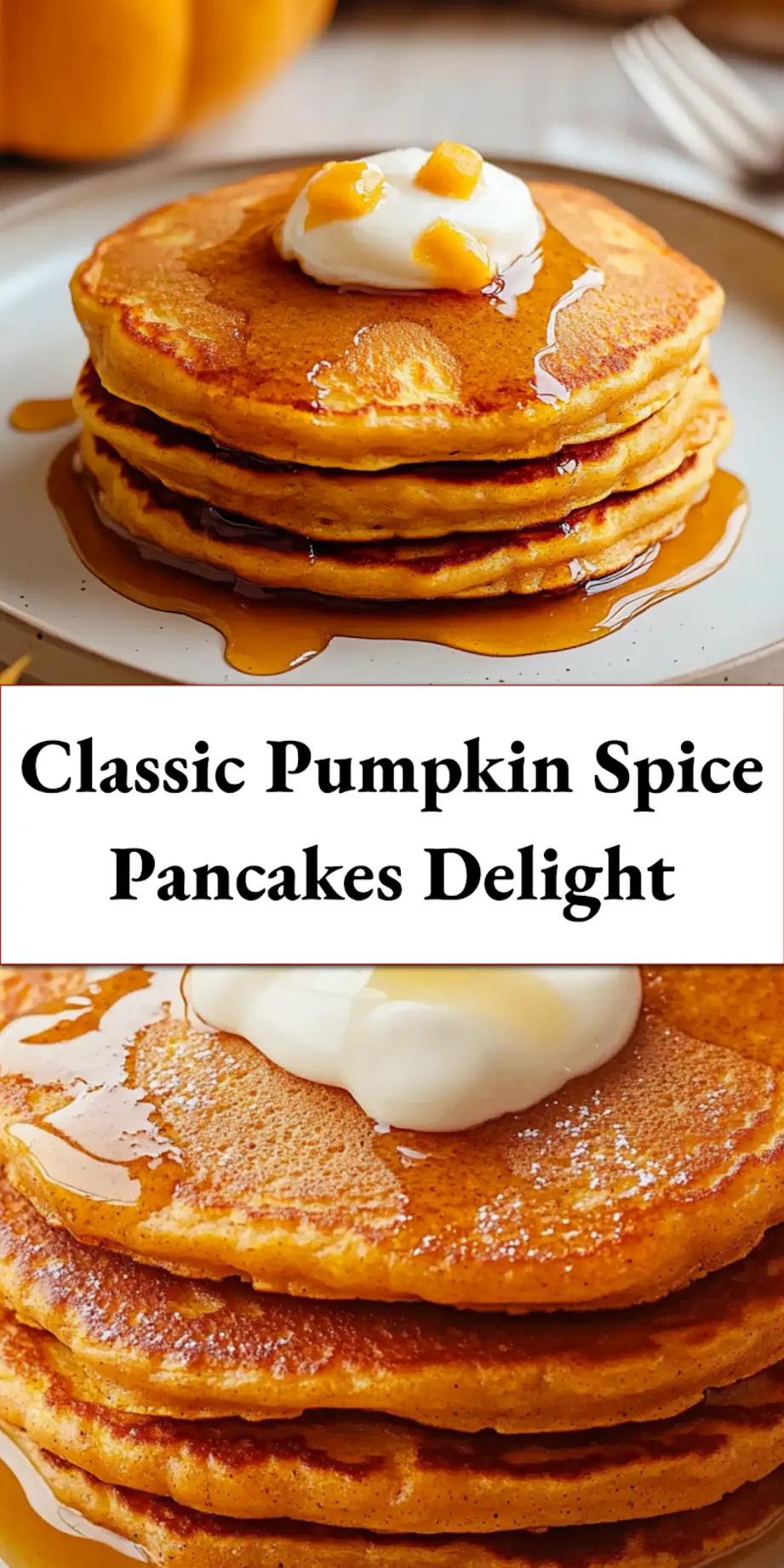 Golden pumpkin spice pancakes stacked with syrup and pecans