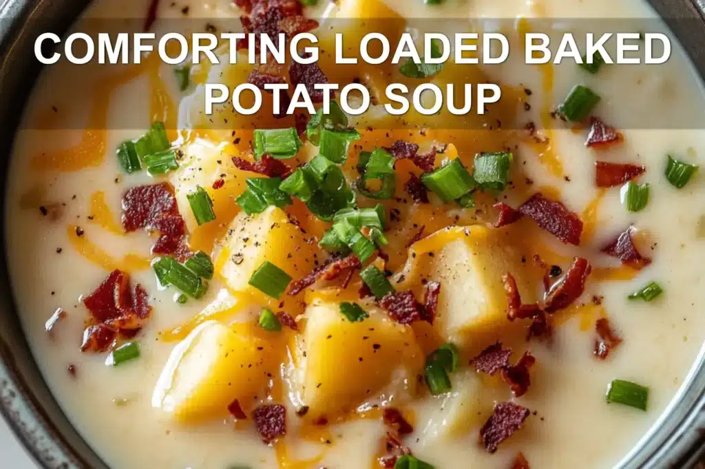 COMFORTING LOADED BAKED POTATO SOUP centered hero view, clean and uncluttered