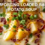 COMFORTING LOADED BAKED POTATO SOUP centered hero view, clean and uncluttered