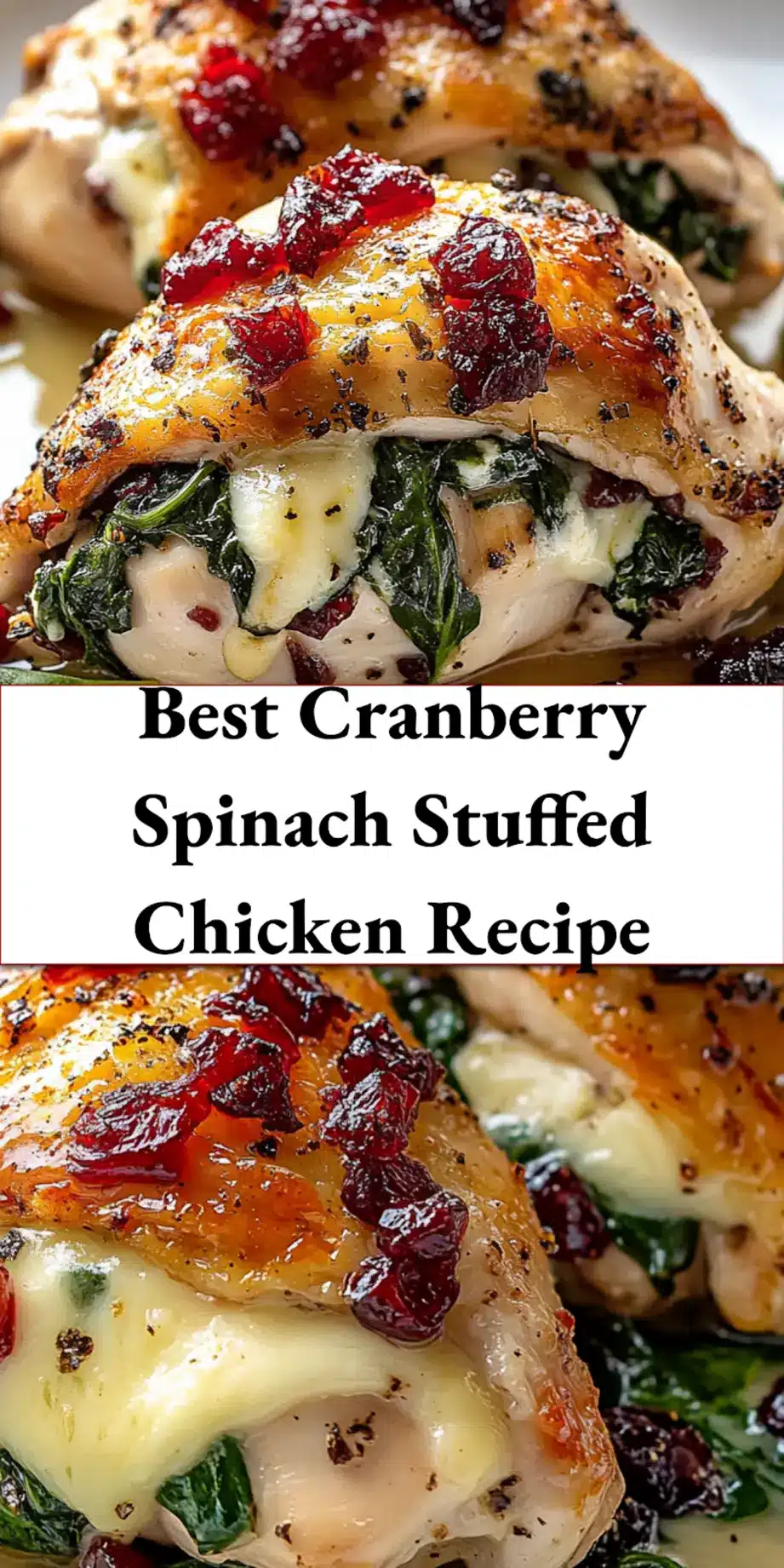Cranberry Spinach Stuffed Chicken with Brie Bliss 6 Finished dish of cranberry spinach stuffed chicken with brie garnished on a white plate