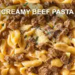CREAMY BEEF PASTA centered hero view, clean and uncluttered