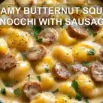 CREAMY BUTTERNUT SQUASH GNOCCHI WITH SAUSAGE centered hero view, clean and uncluttered