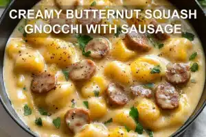 CREAMY BUTTERNUT SQUASH GNOCCHI WITH SAUSAGE centered hero view, clean and uncluttered