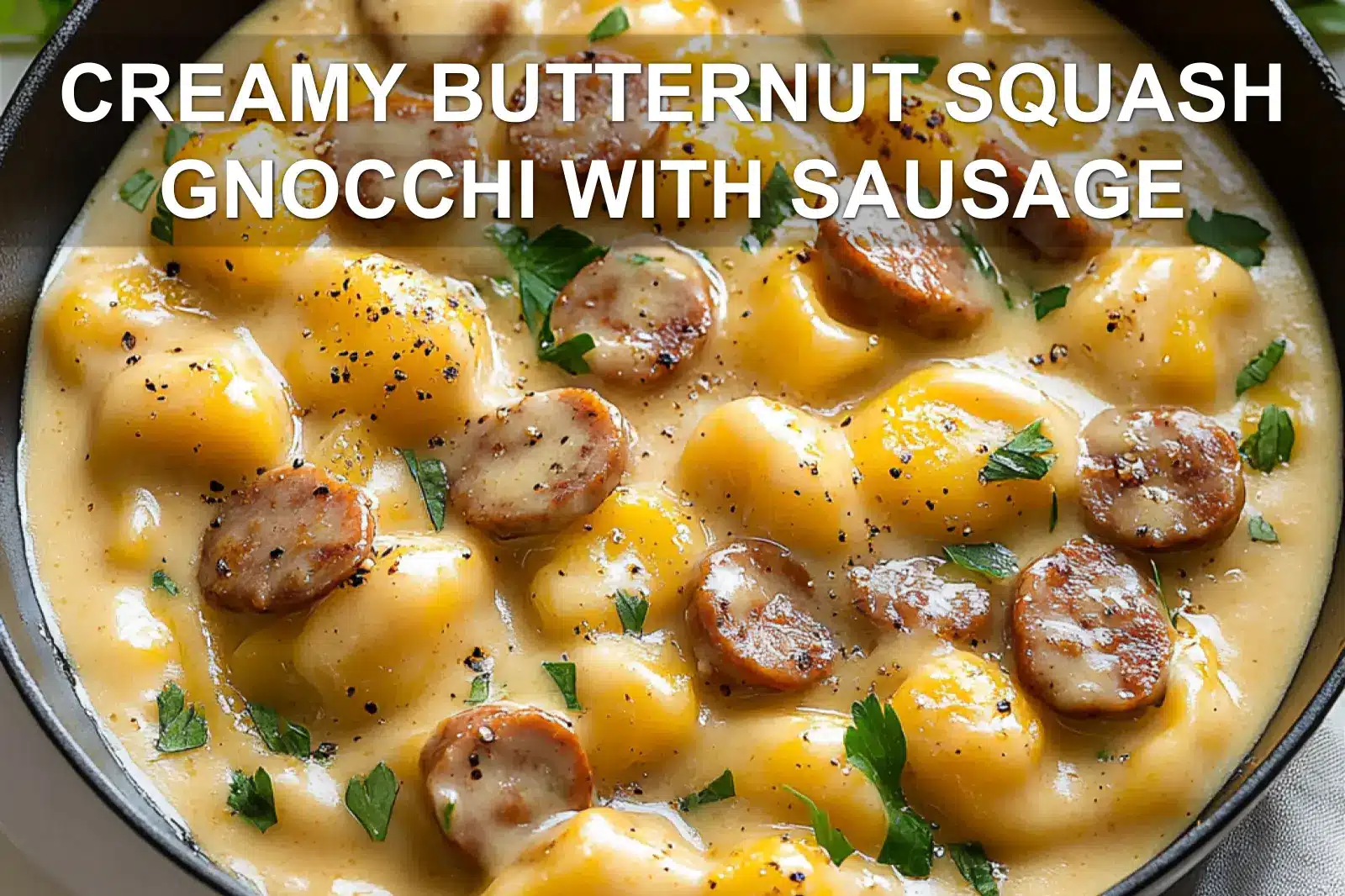 CREAMY BUTTERNUT SQUASH GNOCCHI WITH SAUSAGE centered hero view, clean and uncluttered