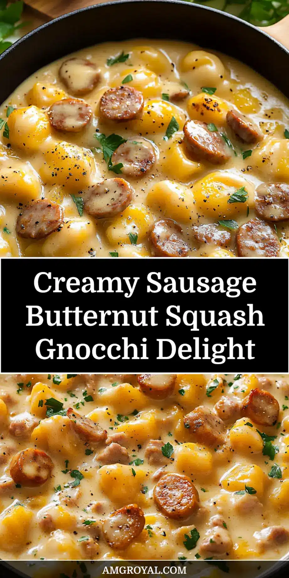 Overhead view of creamy butternut squash gnocchi with sausage, garnished with fresh sage, ready for serving.