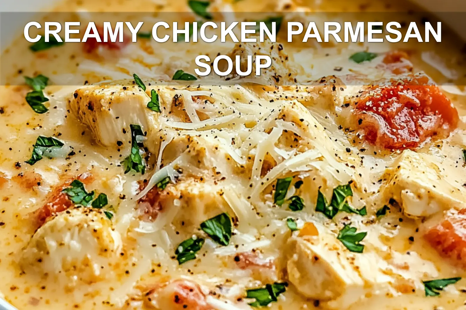 CREAMY CHICKEN PARMESAN SOUP centered hero view, clean and uncluttered
