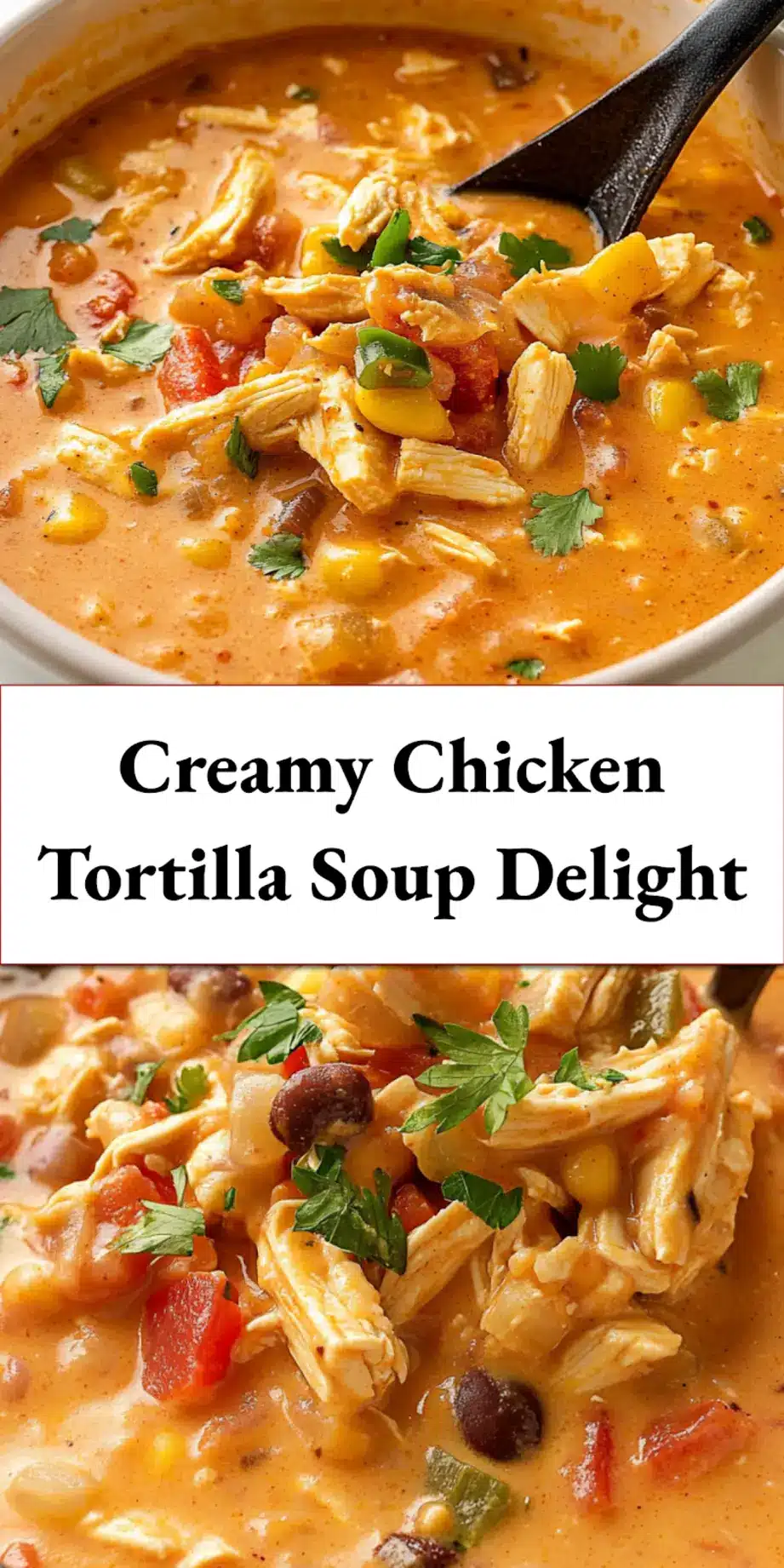 Creamy Chicken Tortilla Soup for a Cozy Night In 6 Overhead view of finished creamy chicken tortilla soup garnished with avocado and tortilla strips