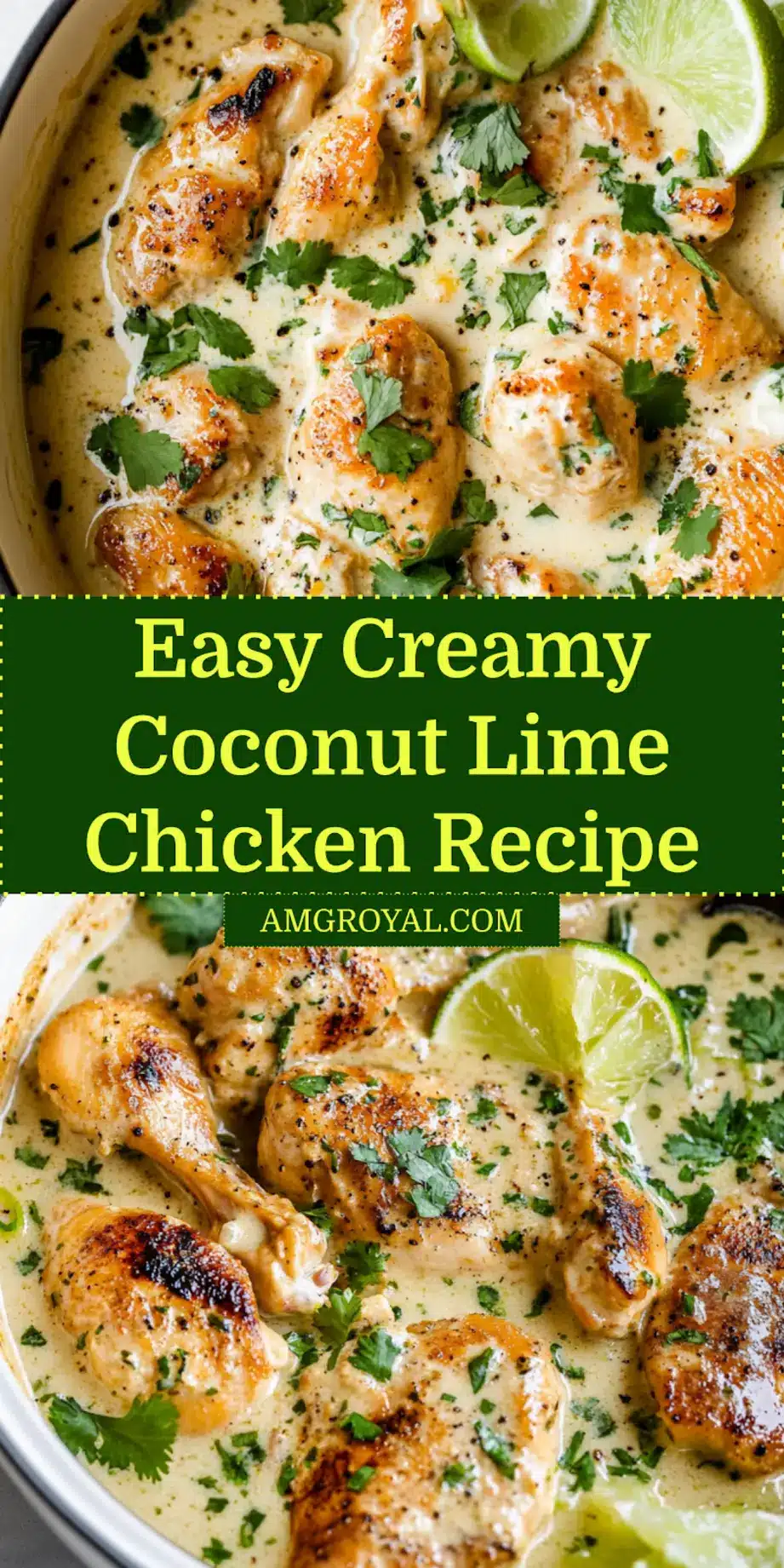 A beautifully plated serving of Creamy Coconut Lime Chicken with a side of rice, garnished with fresh cilantro and lime wedges, styled for social media sharing like Pinterest.