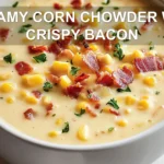 CREAMY CORN CHOWDER WITH CRISPY BACON centered hero view, clean and uncluttered