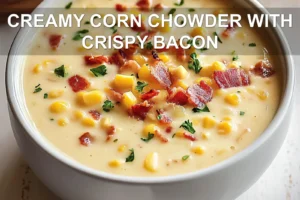 CREAMY CORN CHOWDER WITH CRISPY BACON centered hero view, clean and uncluttered