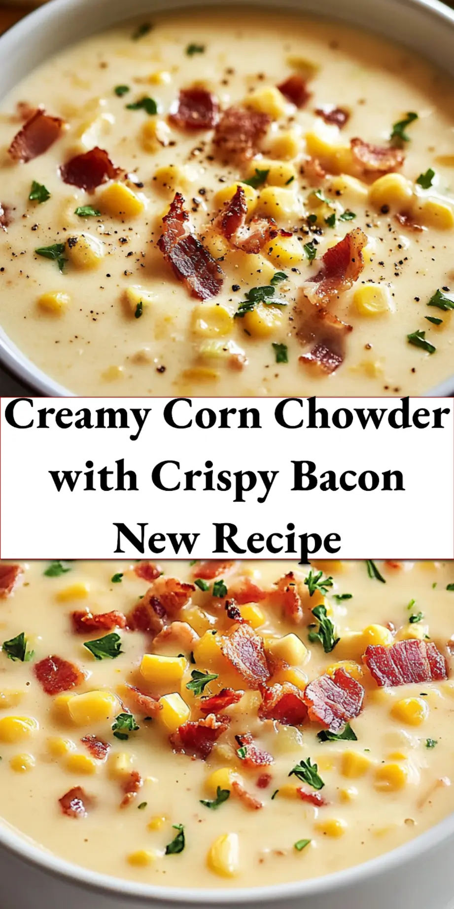 Finished bowl of creamy corn chowder with crispy bacon, garnished with fresh herbs and crispy bits
