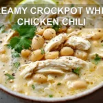 CREAMY CROCKPOT WHITE CHICKEN CHILI centered hero view, clean and uncluttered