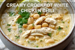 Creamy Crockpot White Chicken Chili A Delicious Recipe CREAMY CROCKPOT WHITE CHICKEN CHILI centered hero view, clean and uncluttered