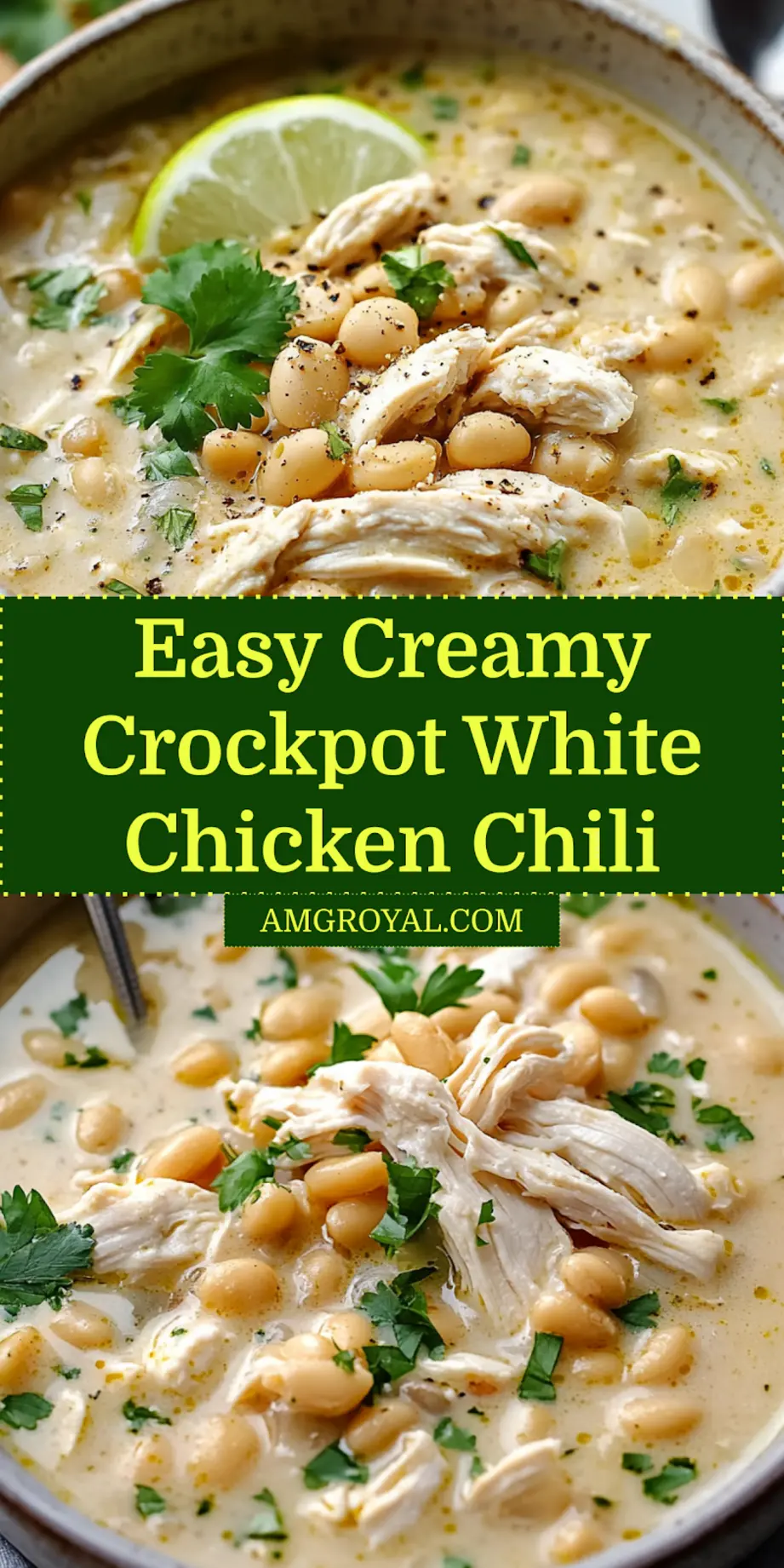 A perfectly served bowl of Creamy Crockpot White Chicken Chili, garnished with fresh cilantro, a dollop of sour cream, and a lime wedge, ready to enjoy.