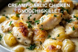 Creamy Garlic Chicken Gnocchi Skillet Recipe Must-Try CREAMY GARLIC CHICKEN GNOCCHI SKILLET centered hero view, clean and uncluttered