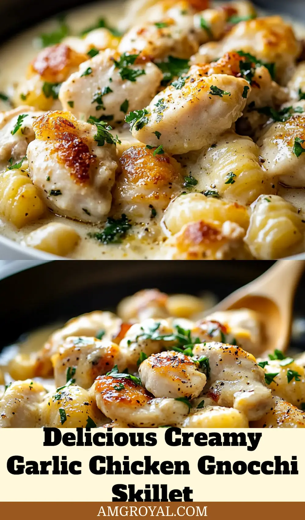 Creamy Garlic Chicken Gnocchi Skillet - overhead view, perfect for Pinterest