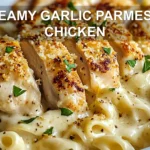 CREAMY GARLIC PARMESAN CHICKEN centered hero view, clean and uncluttered