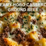 CREAMY HOBO CASSEROLE GROUND BEEF centered hero view, clean and uncluttered