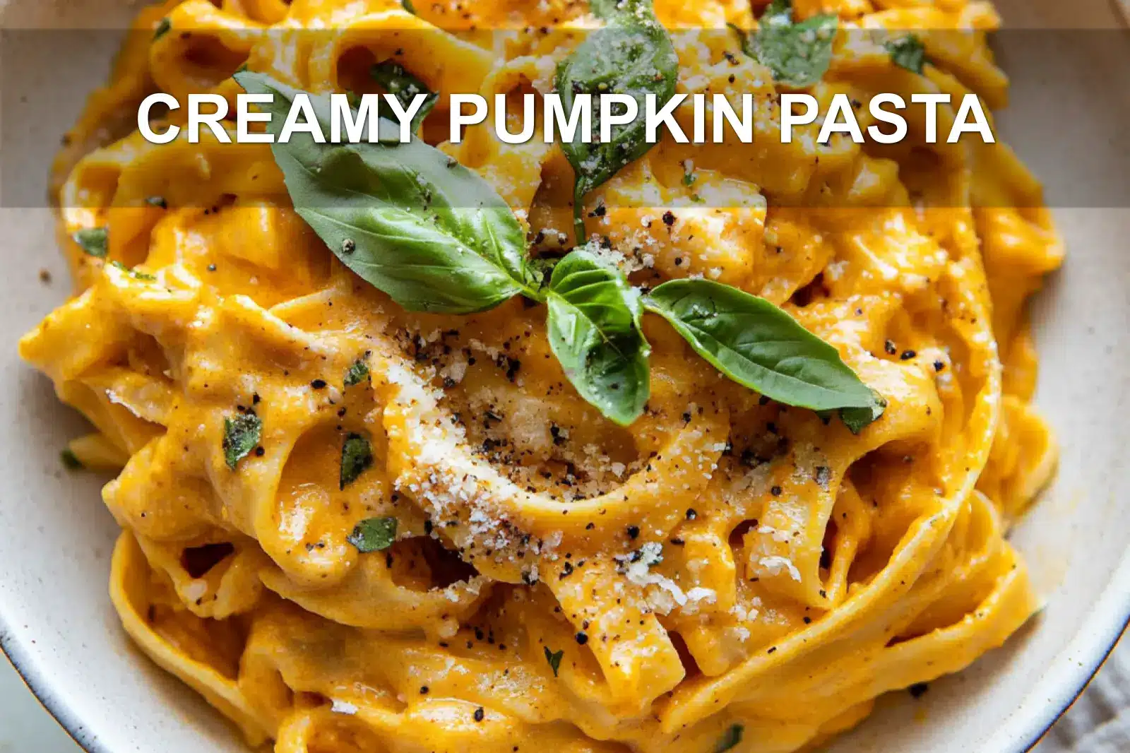 CREAMY PUMPKIN PASTA centered hero view, clean and uncluttered