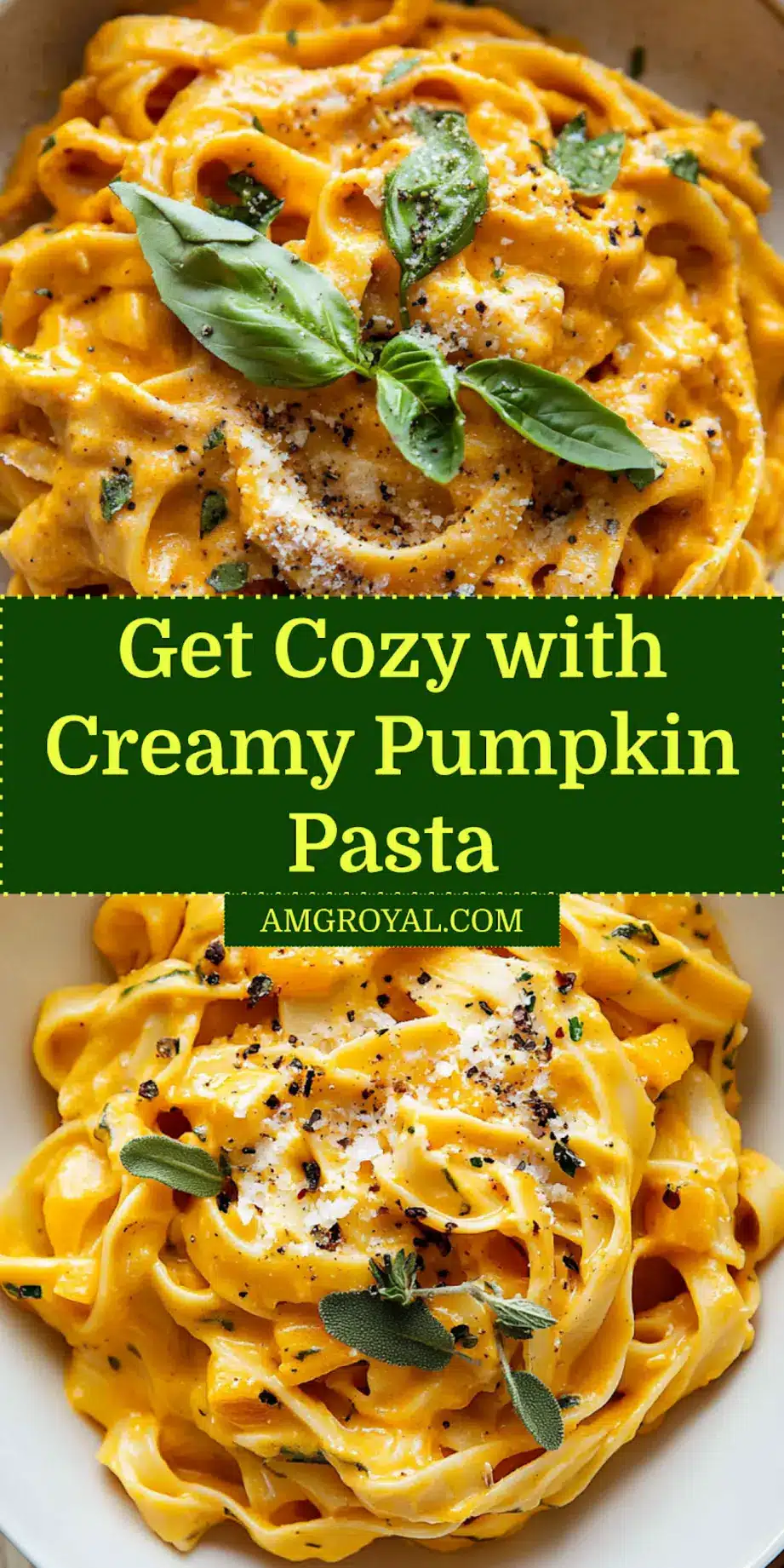Vibrant creamy pumpkin pasta served in a bowl with a fork, ready to eat