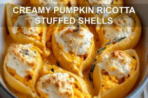 CREAMY PUMPKIN RICOTTA STUFFED SHELLS centered hero view, clean and uncluttered