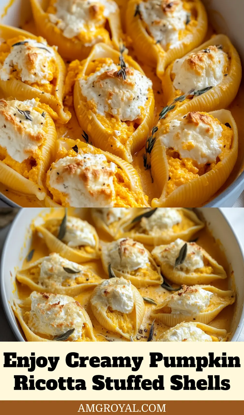 Close-up of baked Creamy Pumpkin Ricotta Stuffed Shells in a pan, with melted cheese and fresh herbs