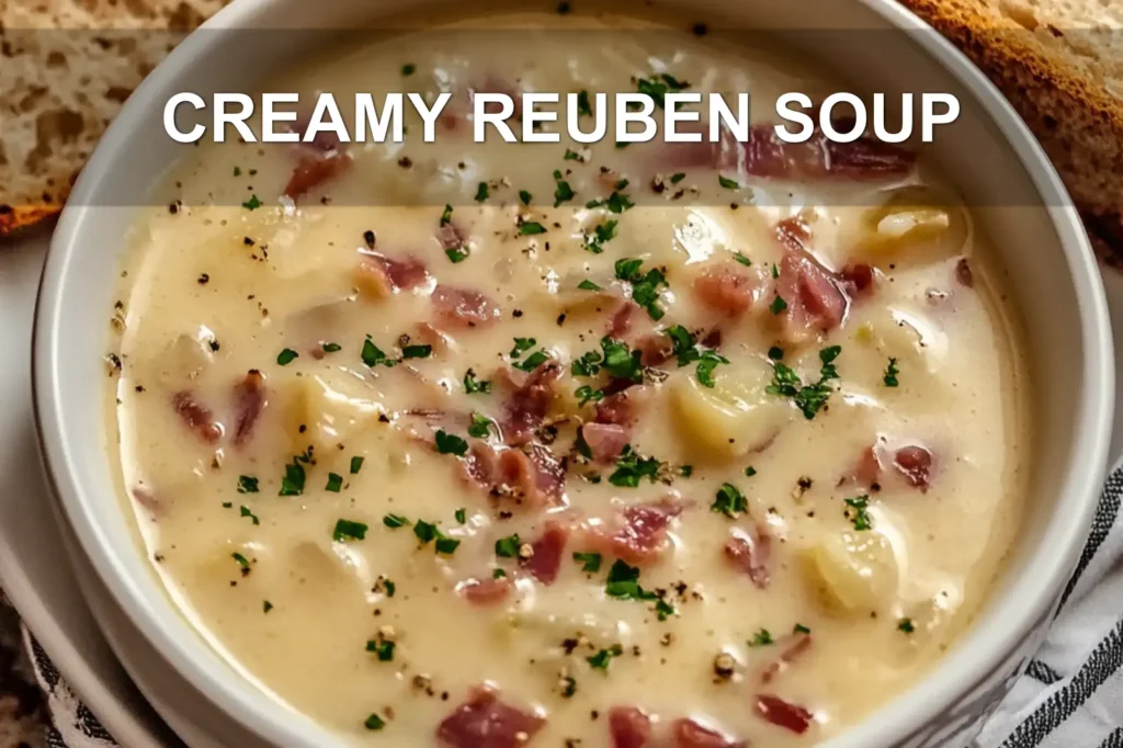 CREAMY REUBEN SOUP centered hero view, clean and uncluttered