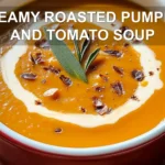 CREAMY ROASTED PUMPKIN AND TOMATO SOUP centered hero view, clean and uncluttered