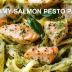 CREAMY SALMON PESTO PASTA centered hero view, clean and uncluttered