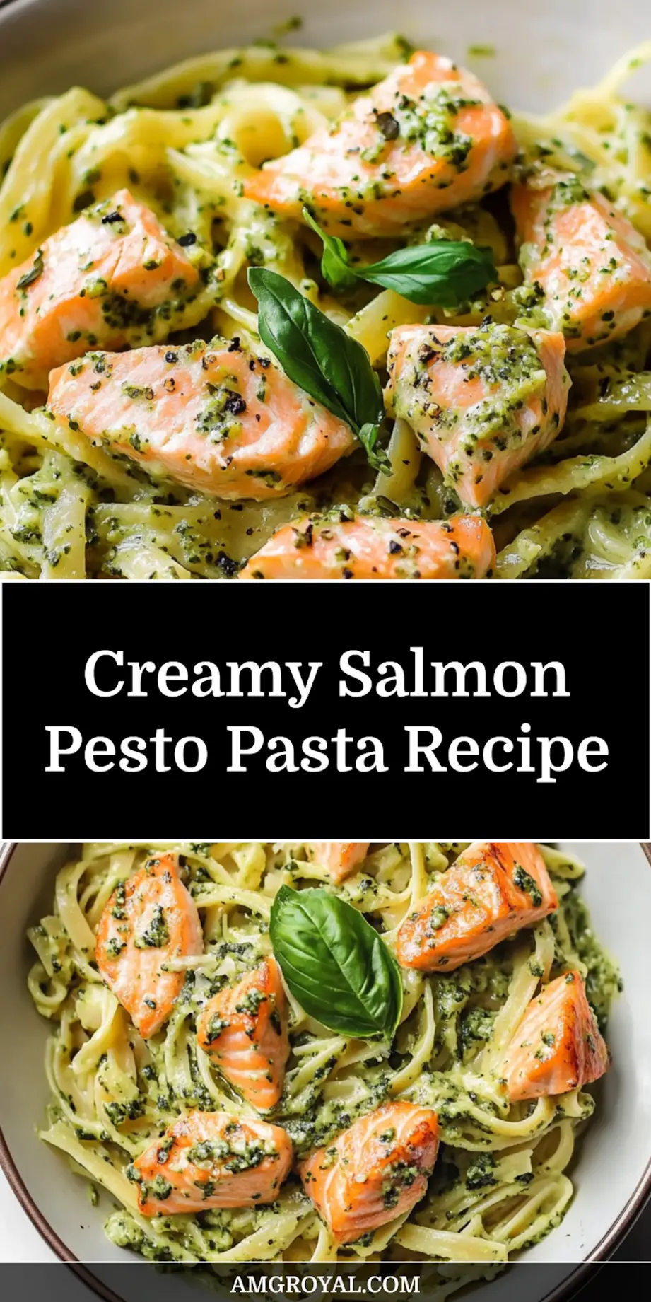 Overhead view of a prepared dish of creamy salmon pesto pasta, garnished with fresh basil, ready to serve.