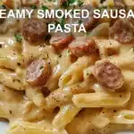 CREAMY SMOKED SAUSAGE PASTA centered hero view, clean and uncluttered