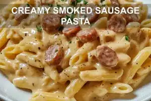 CREAMY SMOKED SAUSAGE PASTA centered hero view, clean and uncluttered