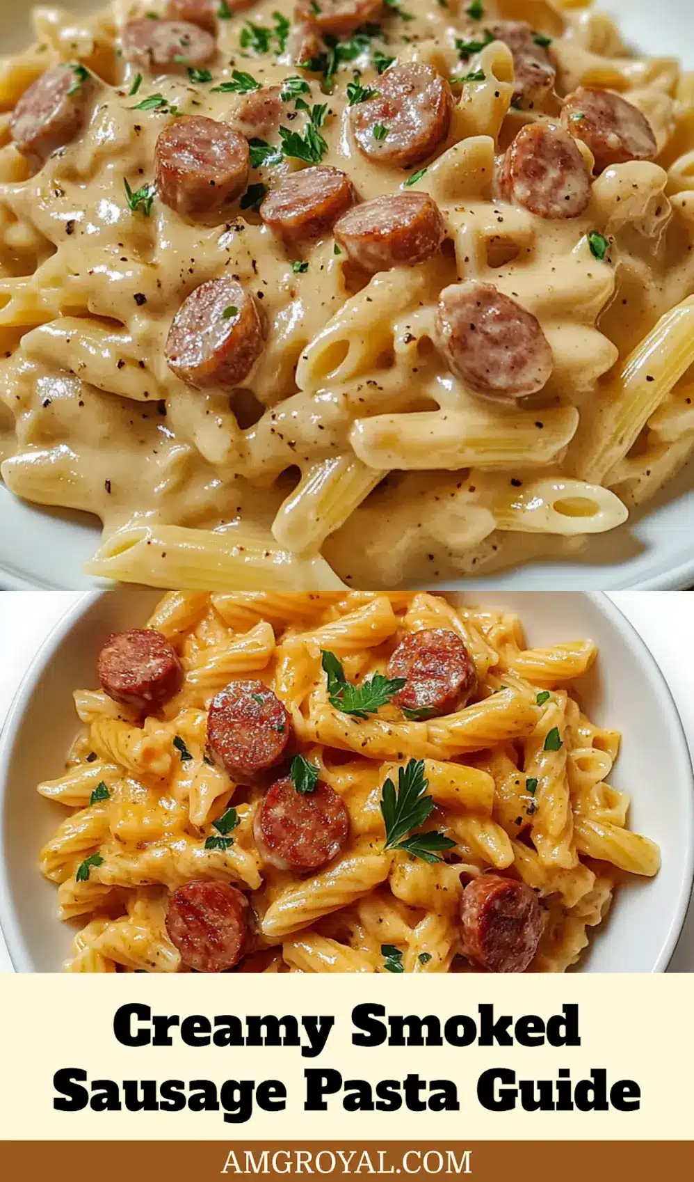 A close-up of creamy smoked sausage pasta, perfect for sharing on social media or pinning.