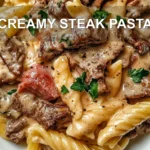 CREAMY STEAK PASTA centered hero view, clean and uncluttered