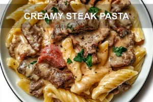 CREAMY STEAK PASTA centered hero view, clean and uncluttered