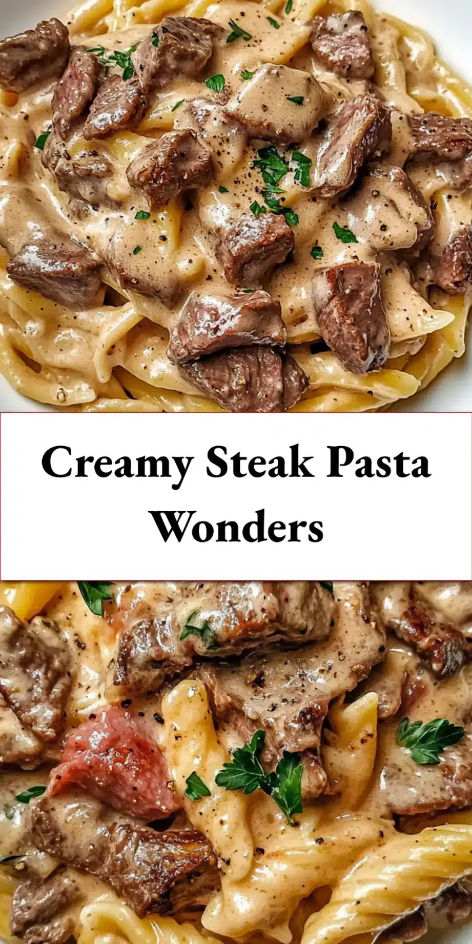 A close-up of creamy steak pasta, ready to be served, perfect for Pinterest.