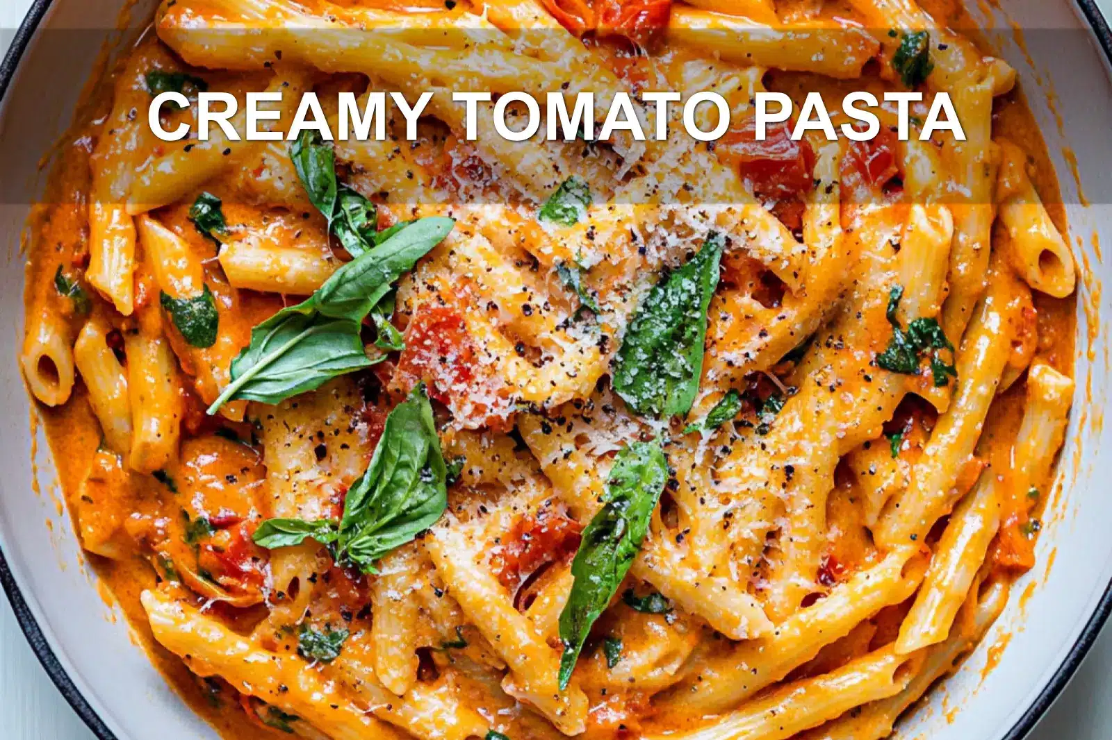 CREAMY TOMATO PASTA centered hero view, clean and uncluttered