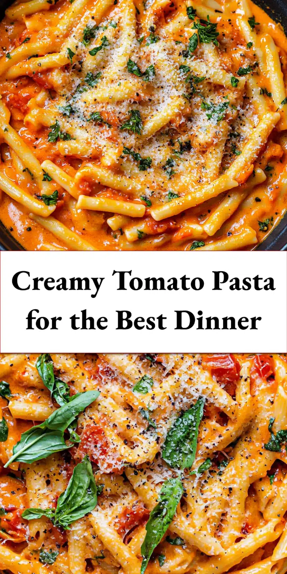 Creamy tomato pasta served in a bowl, garnished with fresh basil leaves, ready for enjoyment.