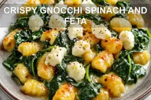Crispy Gnocchi Spinach And Feta Recipe You Must Try CRISPY GNOCCHI SPINACH AND FETA centered hero view, clean and uncluttered